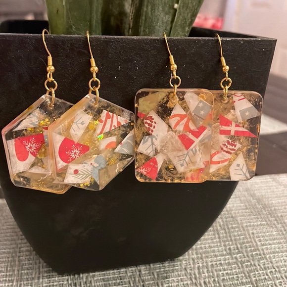 Handmade Festive Medium Holiday Earrings Gold Rectangle - Picture 9 of 9